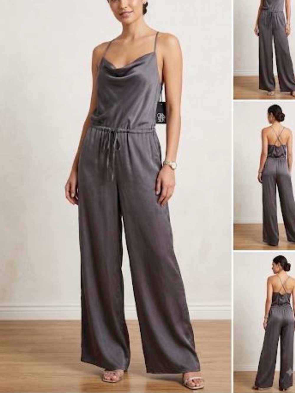 CHASER Women's pewter Satin Cowl-Neck Wide-Leg Jumpsuit size L